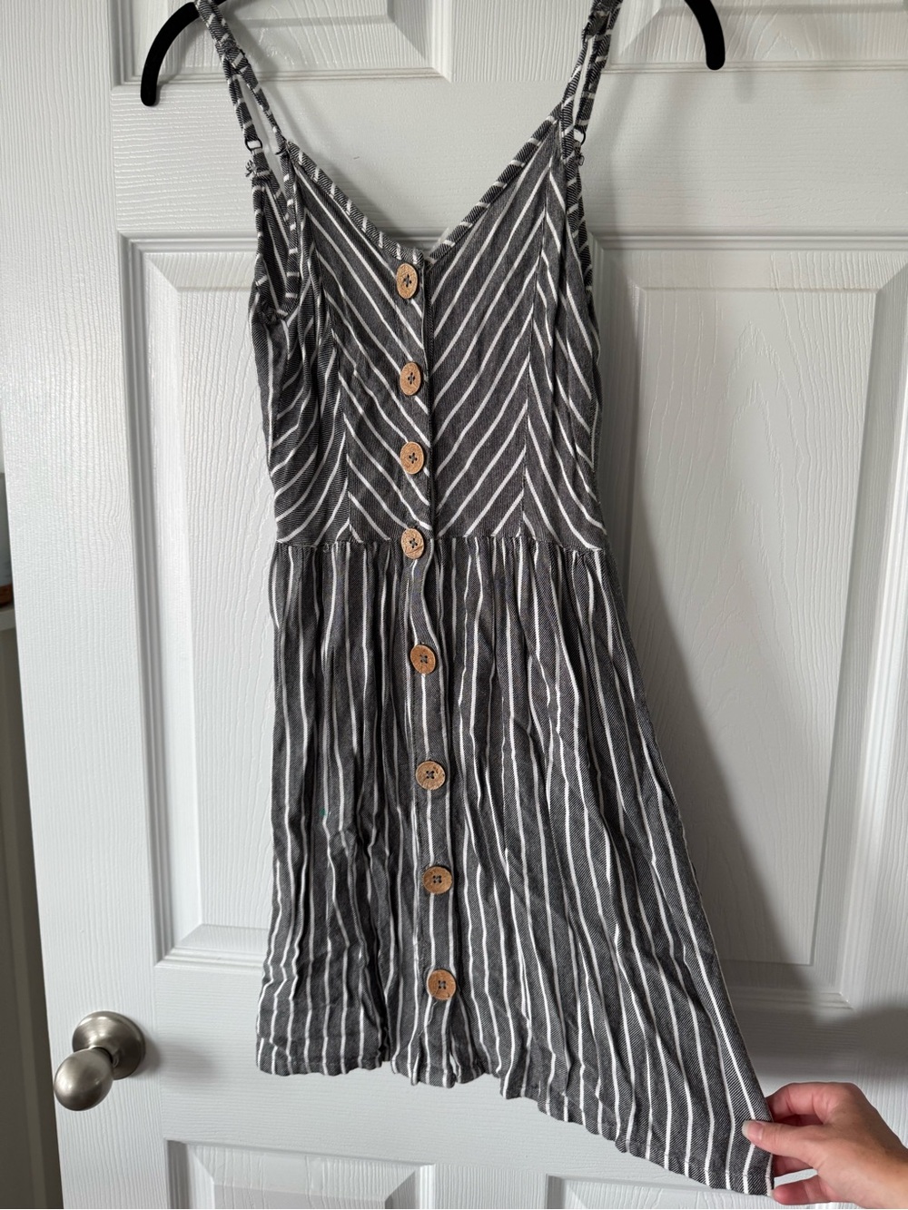 Striped Button-Front Spaghetti Strap Dress - Gray